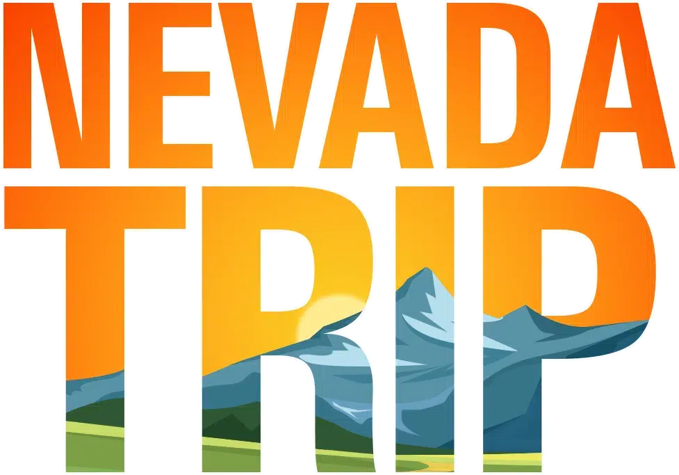 Nevada TRIP text filled with a sunset over a mountain