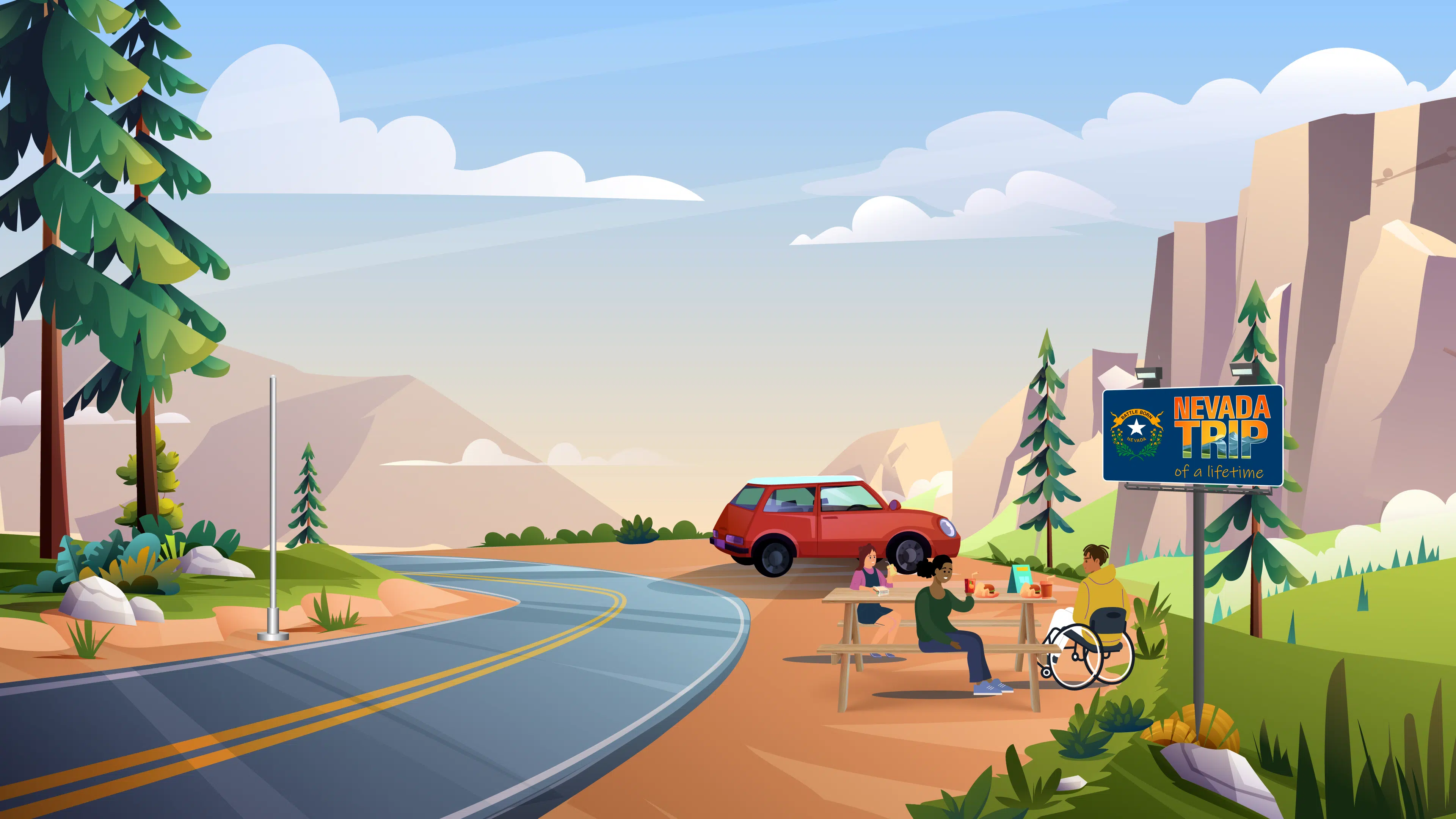 Illustration of a road winding through the mountains of northern Nevada a group of three young people sit at a picnic table enjoying their lunch.