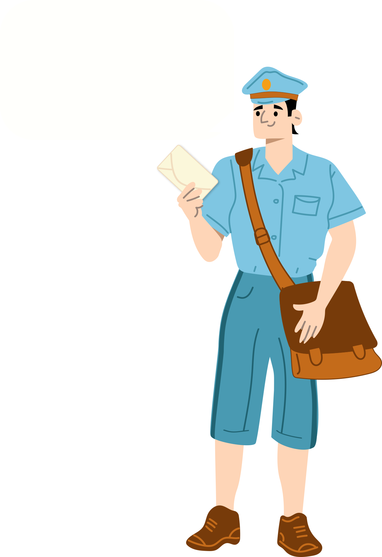 a man in a postal carrier uniform holds an envelope and speaks to us