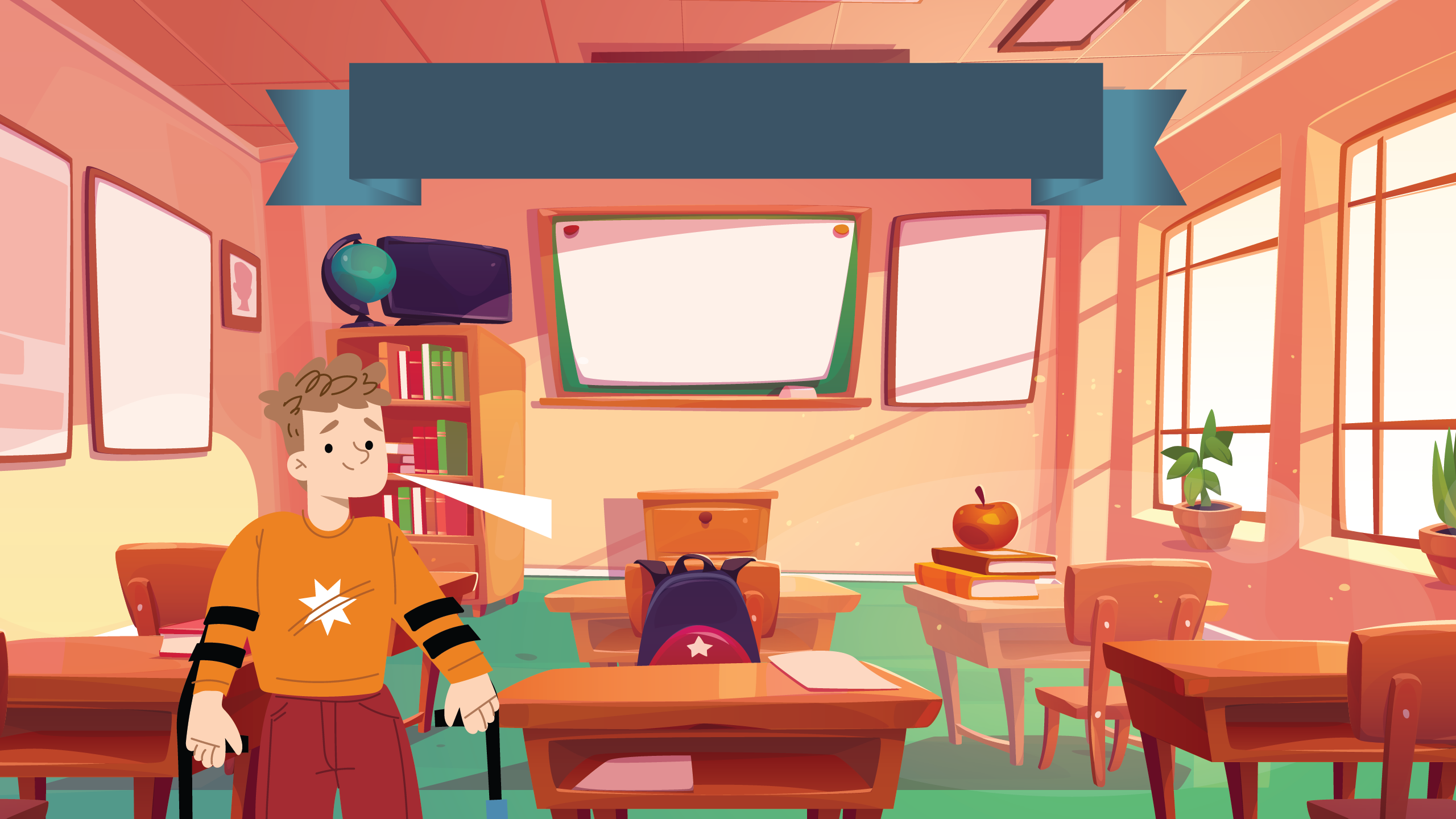 Interior of a classroom, a young boy with crutches speaks to us.