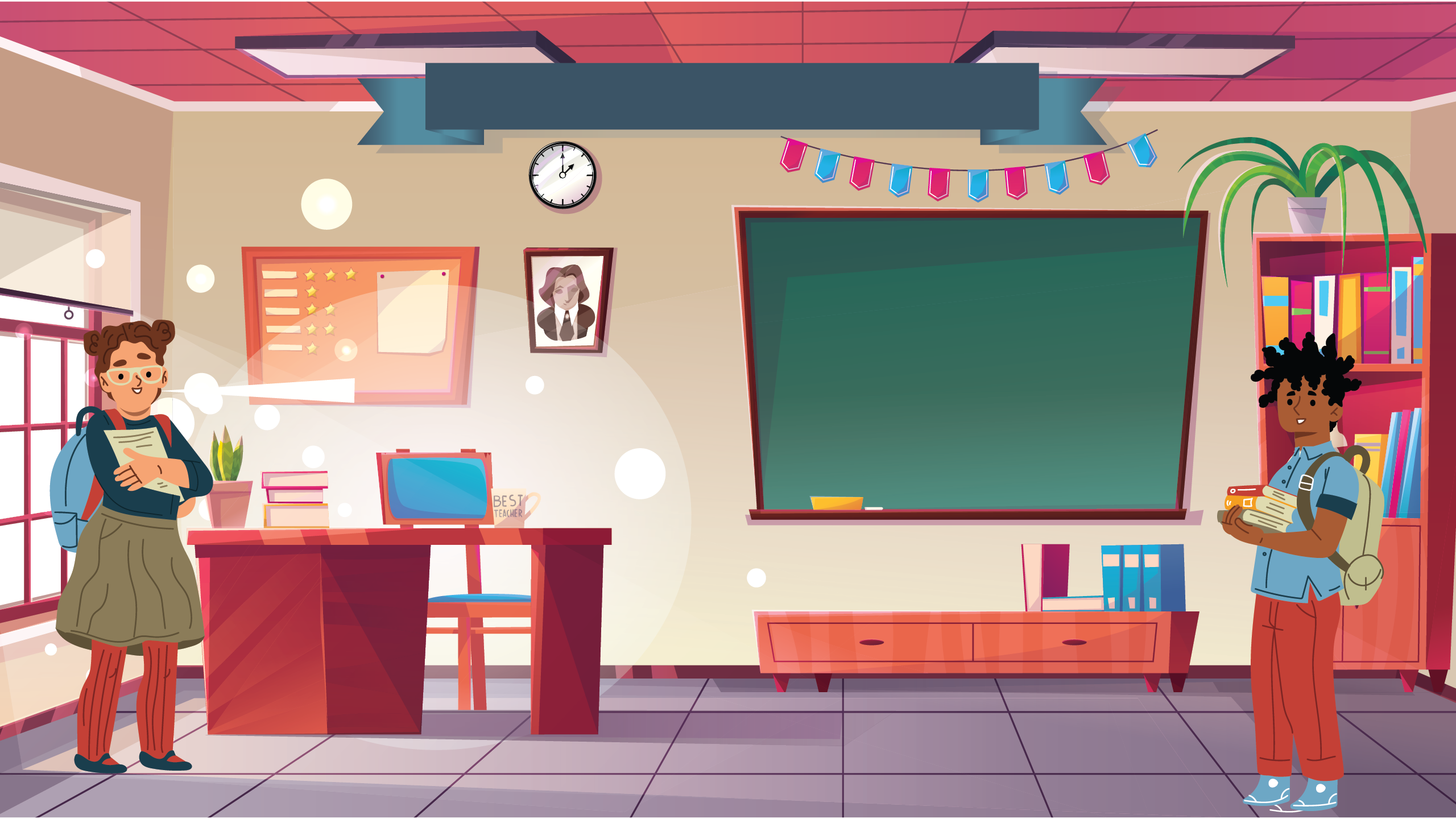 classroom interior, a boy with dark curly hair smiles at us, a girl with glasses speaks to us