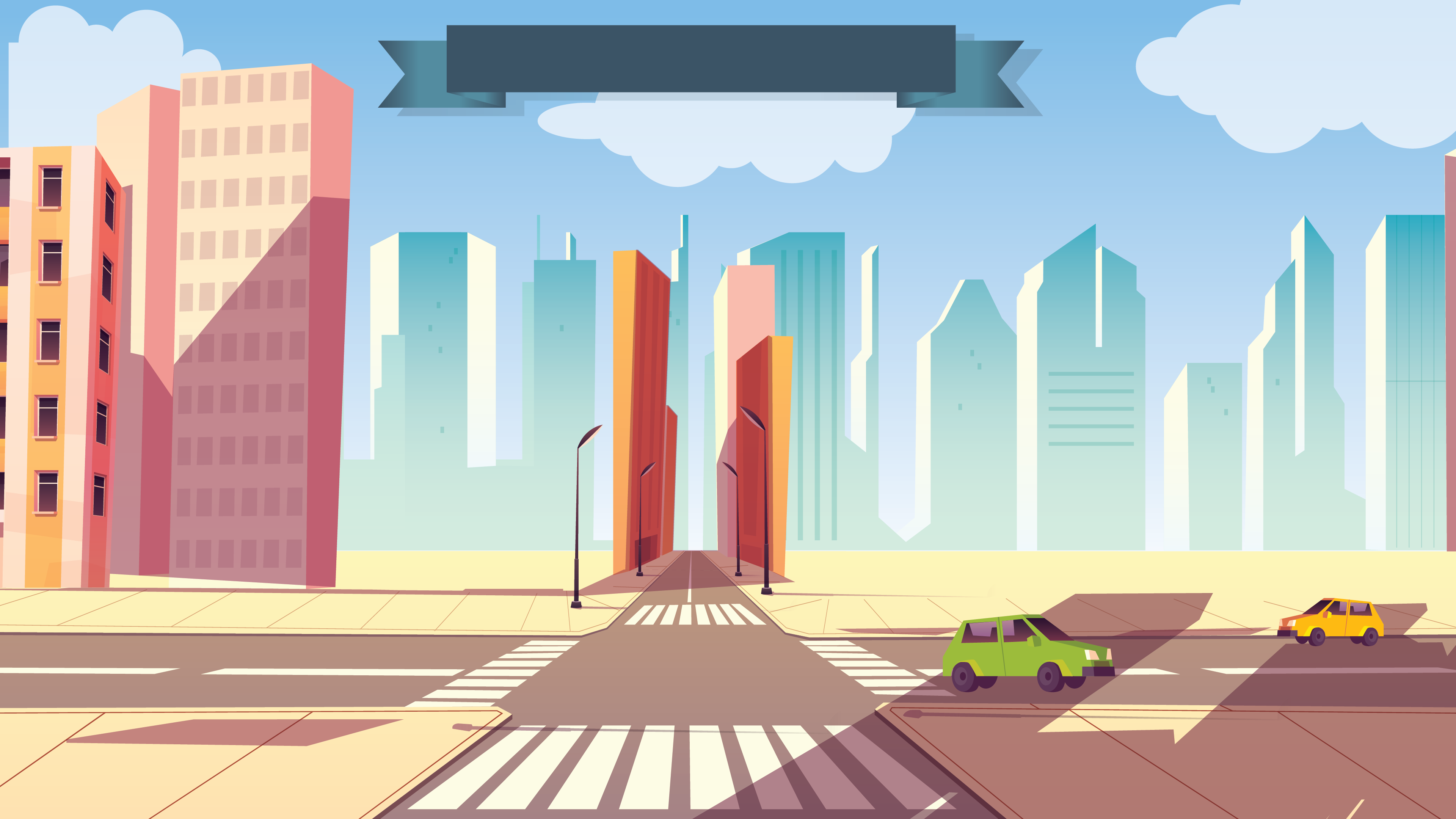 An intersection in a city surrounded by colorful buildings, cars pass by, a young woman speaks to us