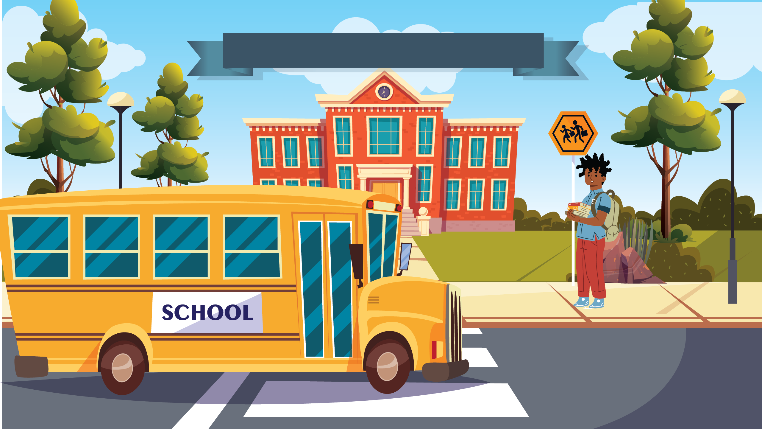 A school bus sits in front of a brick school. a boy with dark curly hair speaks to us