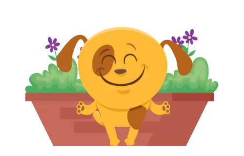 jackpot the puppy stands in front of a flower planter smiling and waving