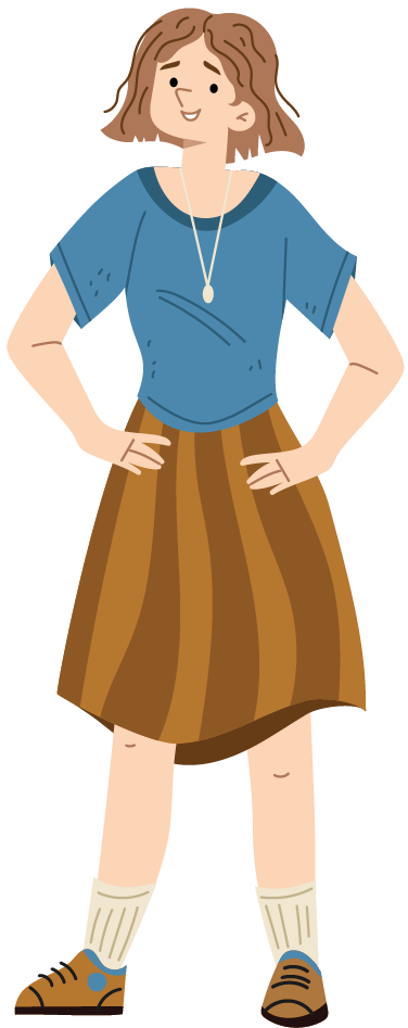 a young woman with a blue shirt and brown skirt speaks to us