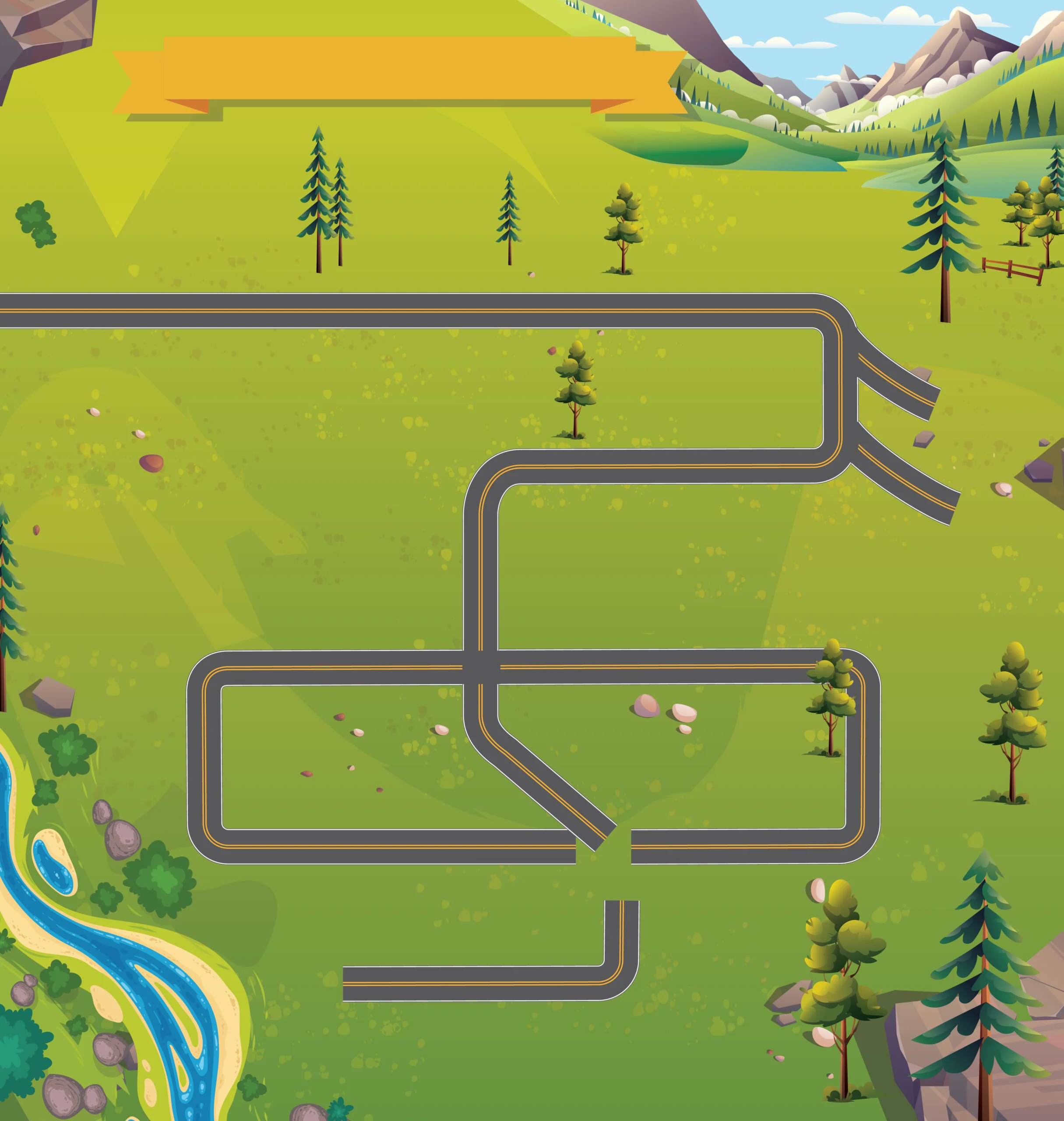 A cartoon map, a road visits 13 locations, trees, mountains, grass, a river, bushes and rocks fill the landscape